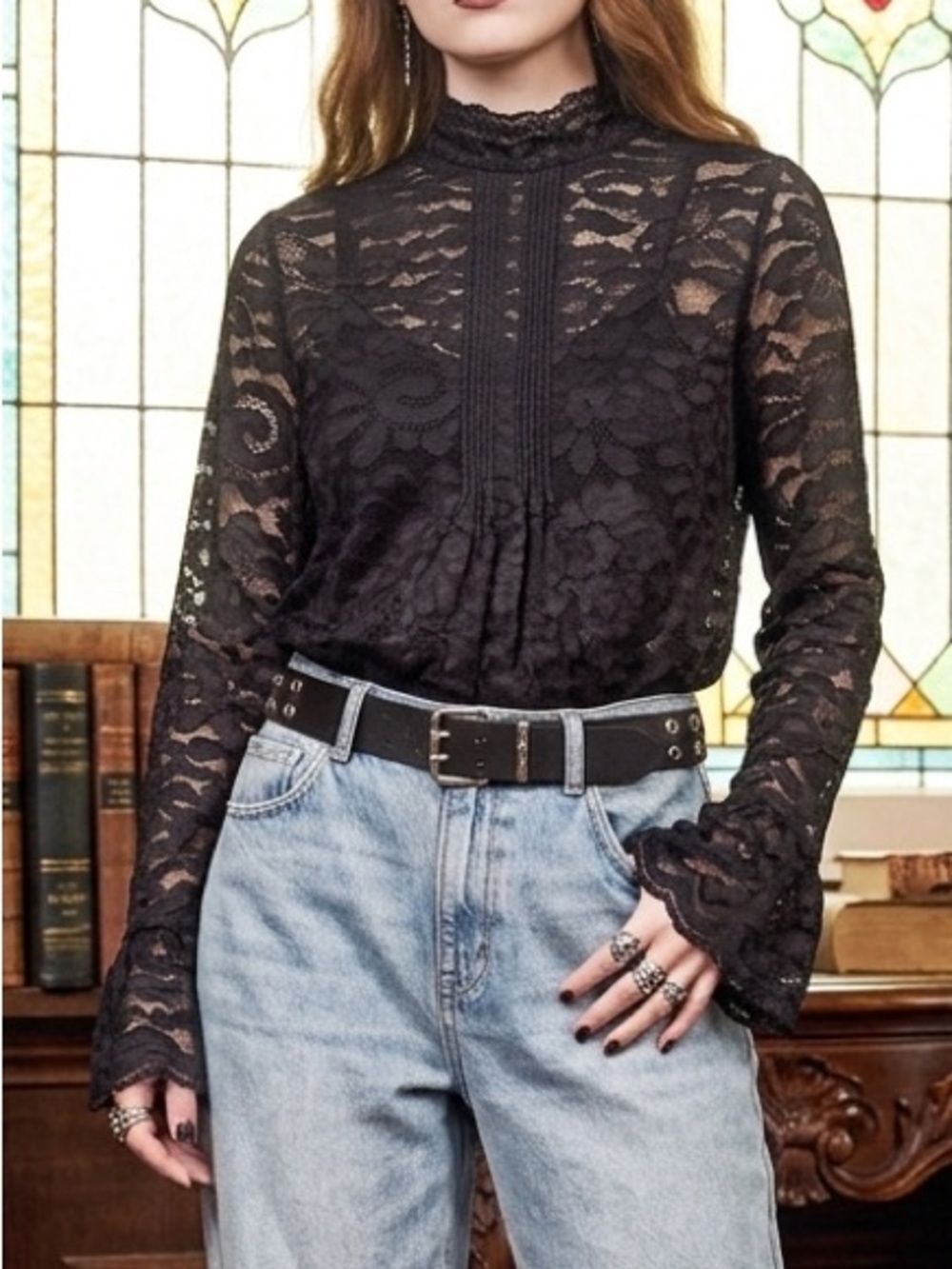 J.Crew Lace Mockneck Blouse Black Bell Sleeve Victorian Goth Top Size 14 NWT